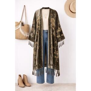 Aria A Silk Blend Embellished Floral Kimono Jacket Tassel Fringe Boho Luxe